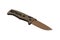 Khaki pocket folding knife. Compact metal sharp tactical knife with a folding blade. Isolate on a white back