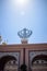 Khanda Sikh holy religious symbol at gurudwara entrance with bright blue sky image is taken at Sis Ganj Sahib Gurudwara in Chandni