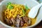 Khao Soi, Soft focus bowl of Beef Northern Thai noodle based with coconut milk and chili paste