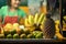 Khaolak, Thailand, 5 june 2019: Thai girl seller sells fruit, bananas, mangoes, tangerines and pineapples in a