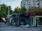 Kharkiv, Kharkov, Ukraine - 05.07.2022: burnt destroyed bus stop tram station shop metal construction on street city