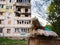Kharkiv, Kharkov, Ukraine - 05.07.2022: dirty children\'s toy background of destroyed building civilian demolished