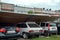 Kharkiv, Ukraine, August, 2019 Car parking under shelter canopy. Temporarily mounted park station near industrial complex with few