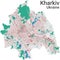 Kharkiv vector map. Detailed map of Kharkiv city administrative area. Cityscape panorama. Road Map with buildings, water, forest