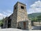 Khidikus. Ancestral tower of Gusov family, 17th century, was restored in 2010. Alan dormition monastery. Russia, North Ossetia, Fi