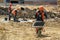 Khimki, Russia - June 13, 2018: Construction worker wheelbarrow