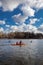 Khmelnytsky. Ukraine. April 4, 2021. Rowers in kayaks on the river on a spring day