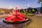 KHUJAND, TAJIKISTAN - MAY 6, 2018: Illuminated fountain in the Central park in Khujand, Tajikist