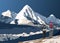 Khumbu glacier, Mount Pumori peak and two hikers on the way to Mt Everest base camp, vector illustration, Khumbu valley