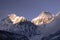 Khumbutse and Changtse mountain peaks in Himalayas at sunset