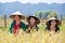 KhunKham Khammouane Laos. Farmer family working in rice field harvesting jasmine rice and happy this is lifestyle people in rural