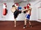 Kickbox fighters sparring in the gym