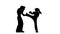 Kickboxer girl kicks on the head of an opponent. Silhouette. White background. Slow motion