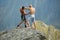 Kickboxers or muay thai fighters training on a mountain cliff