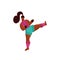 Kickboxing woman doing side kick. Cute Girl Boxer Character Wearing Sports Uniform. Female character learns to kick in the gym.