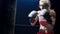 Kickboxing, woman fighter trains his punches. Young fit sportswoman in red sports uniform and black boxing gloves beats