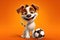 Kickin\\\' It with Canines: A 3D-Rendered Adventure Depicting a Dog\\\'s Soccer Dreams on a Vibrant Orange Background