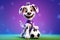 Kickin\\\' It with Canines: A 3D-Rendered Adventure Depicting a Dog\\\'s Soccer Dreams on a Vibrant Pink Background