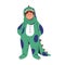 Kid in amusing costume of dino in Halloween masquerade. Funny child dressed in adorable dinosaur with hood, tail. Boy in