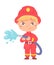 Kid as fireman. Cute little boy with professional occupation vector illustration. Happy child as firefighter in red