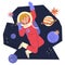 Kid astronauts, child space explorer cosmonaut among stars and planets, vector.