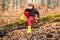 Kid in autumn forest. Autumn dream. Kid dreams on autumn nature. Childhood dream concept. Daydreamer child. Dreams and