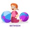 Kid and ball. Learning preposition concept. The girl