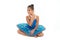 Kid blue dress with ballet skirt white background isolated. Child flexible pupil practice dancing. Child tender dancer