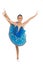 Kid blue dress with ballet skirt white background isolated. Child flexible pupil practice dancing. Dream of every girl