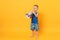Kid boy 3-4 years old in blue beach summer clothes hold speak in megaphone isolated on bright yellow orange background