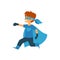 Kid boy in blue superhero costume running arm extended forward cartoon style