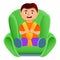 Kid boy in car seat icon, cartoon style