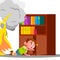 Kid Boy Climbs Into Cabinet Shelf Clothes To Hide From Smoke And Fire Vector. Isolated Illustration