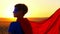 Kid boy dressed in a superman costume staring into the distance at sunset.