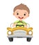Kid boy drives a car. Yellow childrens automobile. Toy vehicle. With a motor. Nice passenger auto. Pedal or electric