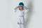 Kid boy exploring space. Portrait of cute kids in space suits. Cosmonautics day concept. Success, creative and kids