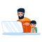Kid Boy And Father Using Laptop Together Vector