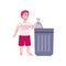 Kid boy helps parents with household chores by throwing out garbage.