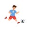 Kid boy play in football, child kick soccer ball a flat vector illustration.