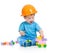 Kid boy playing with building blocks toy