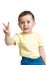 Kid boy showing victory hand sign on white backgro