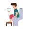 Kid boy sitting on toilet in bathroom a flat cartoon vector illustration.