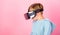 Kid boy wear vr glasses pink background. Explore alternative reality. Cyber space and virtual gaming. Virtual reality