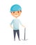 Kid builder. Little worker in helmet. Children with cpickaxe, making job. Working builder in blue helmet. Funny kid