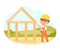 Kid builder working on timber frame house, carpentry, cute worker boy holding hammer