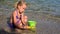 Kid Building Castle on Beach at Sunset, Child Playing Sands on Seashore, Girl Portrait on Seaside, Ocean View, Happy Children