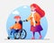 A kid caring for a friend who is temporarily disabled and recovering, Flat design