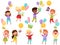 Kid Characters Throwing Gift Boxes with Balloons Vector Illustration Set