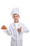 Kid in chef uniform with tasty raisin bun gesturing okay, isolated on white