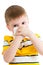 Kid cleaning nose with tissue isolated